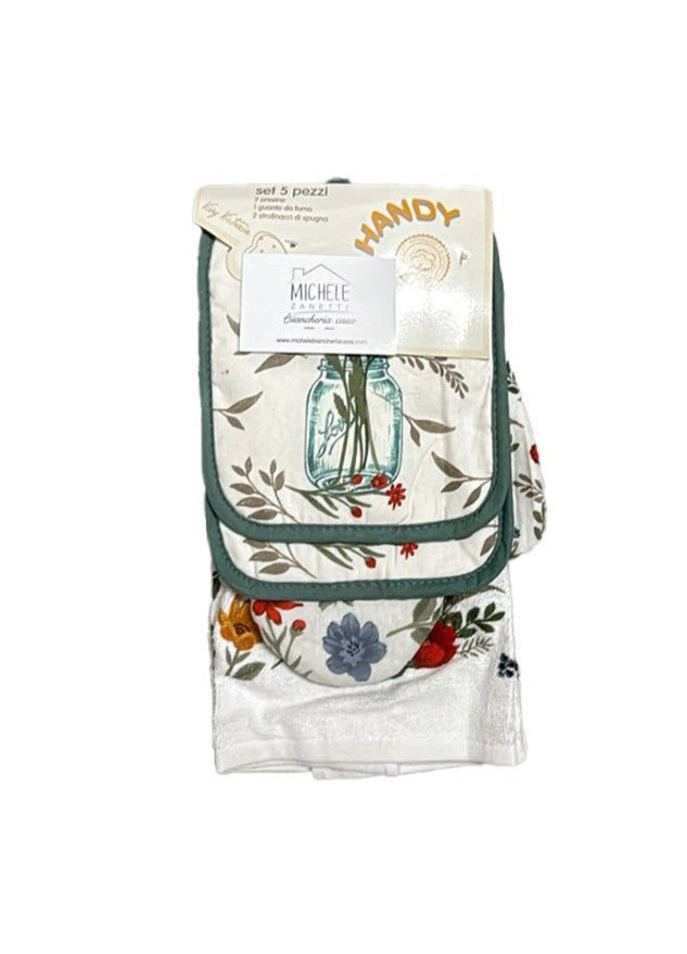 Set da cucina, 5 pezzi, 2 presine, 1 guantone da forno, e 2 strofinacci, fantasia con Fiori