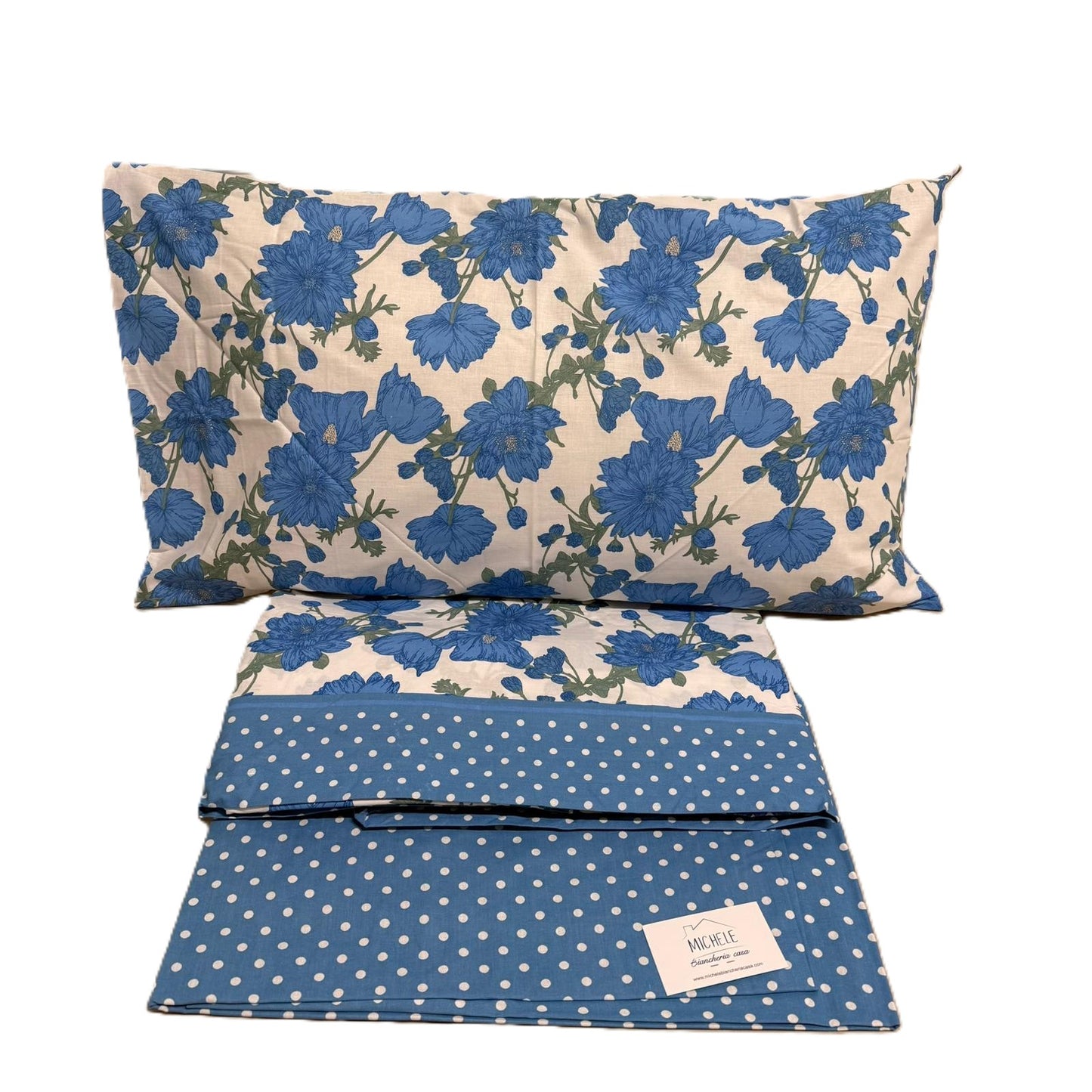 Completo Letto Matrimoniale in Cotone 100% Fantasia Fiori Blu Elegance – Lenzuola con Angoli