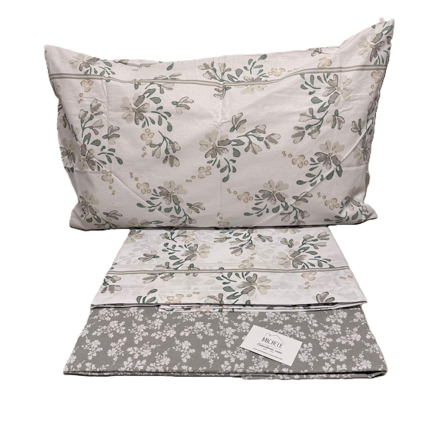 Completo Letto Matrimoniale in Cotone 100% Fantasia Rami d’Eucalipto – Lenzuola con Angoli