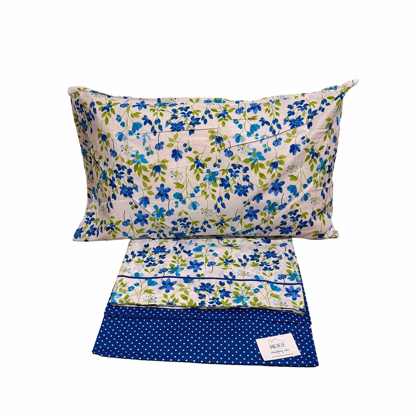 Completo Lenzuola Matrimoniale 100% Cotone Italiano Fantasia Fiori Blu – Set Letto 2 Piazze con Sotto a Pois
