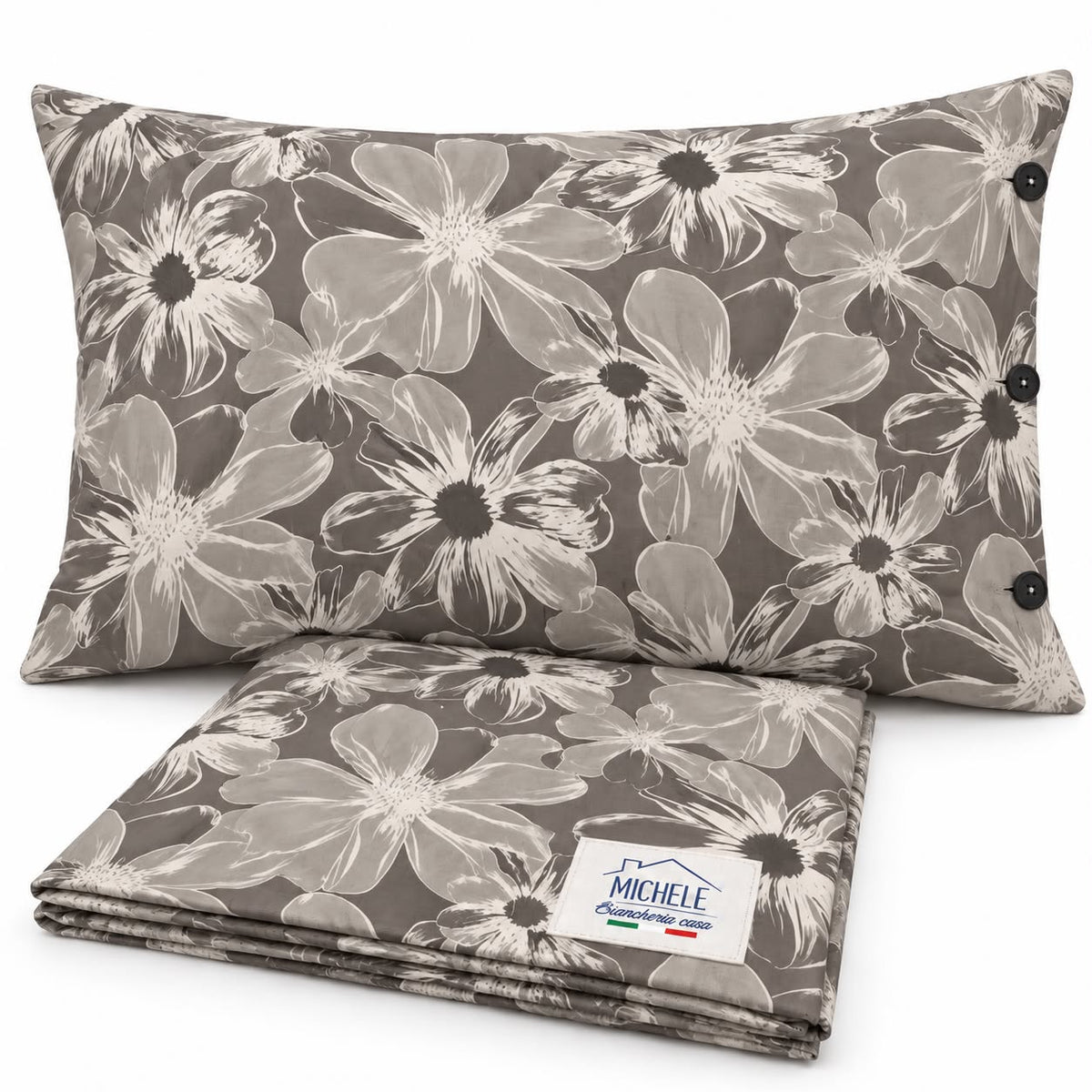Copripiumino Matrimoniale Magnolia Taupe in Cotone 100% – Fantasia Floreale