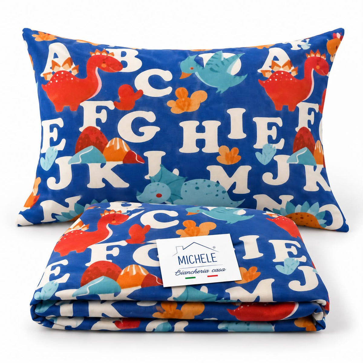 Copripiumino singolo Dino ABC 100% cotone prodotto italiano con dinosauri e lettere su fondo blu
