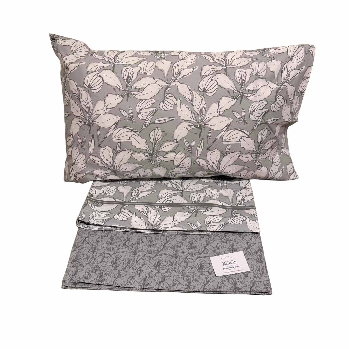 Completo Letto Matrimoniale in Cotone 100% Grey Bloom – Lenzuola Grigi Floreali con Angoli
