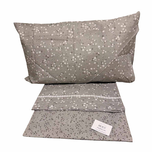 Completo Lenzuola Matrimoniale in Cotone 100% Fantasia Floreale Tortora