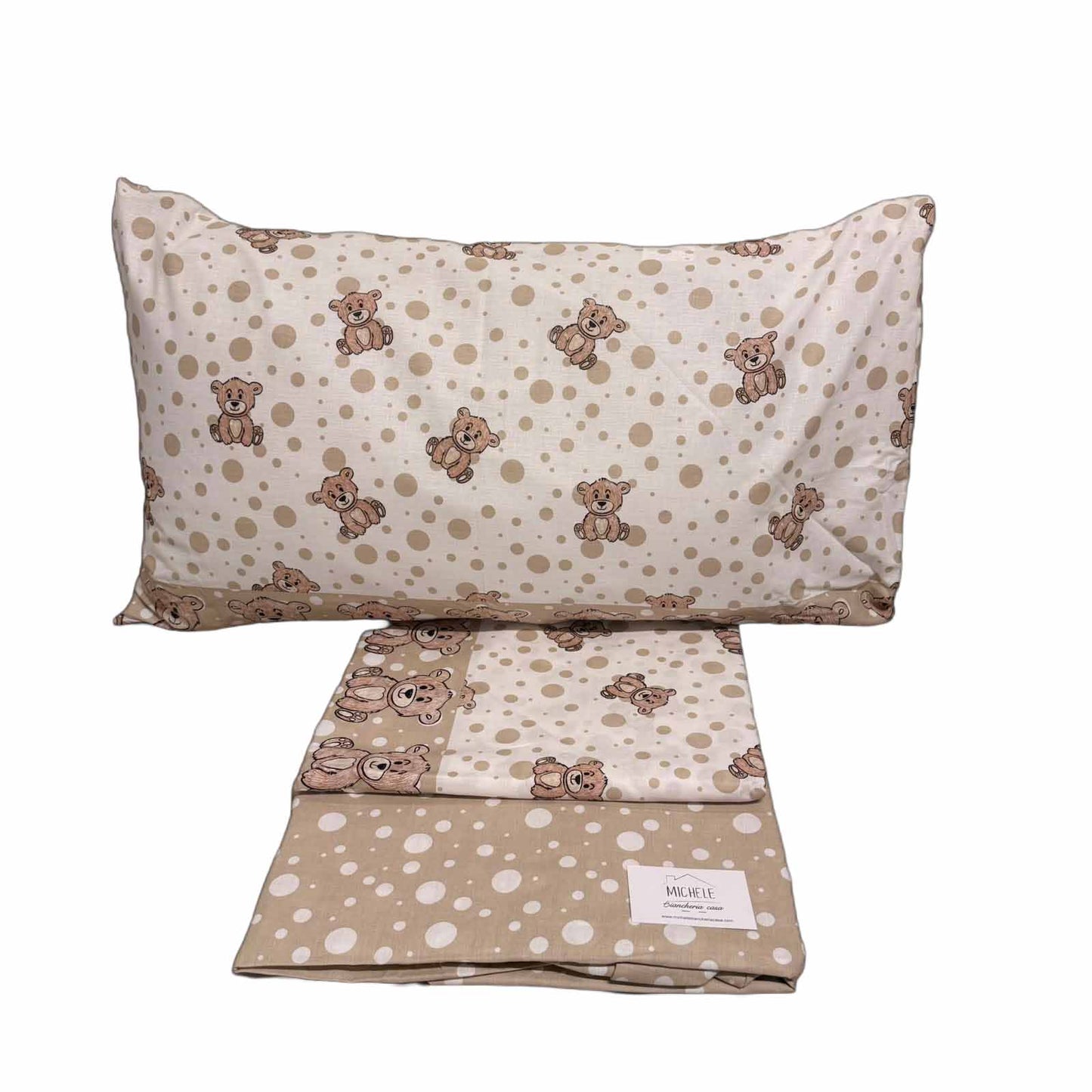 Completo Lenzuola Piazza e Mezza 100% Cotone Fantasia Orsetti Beige
