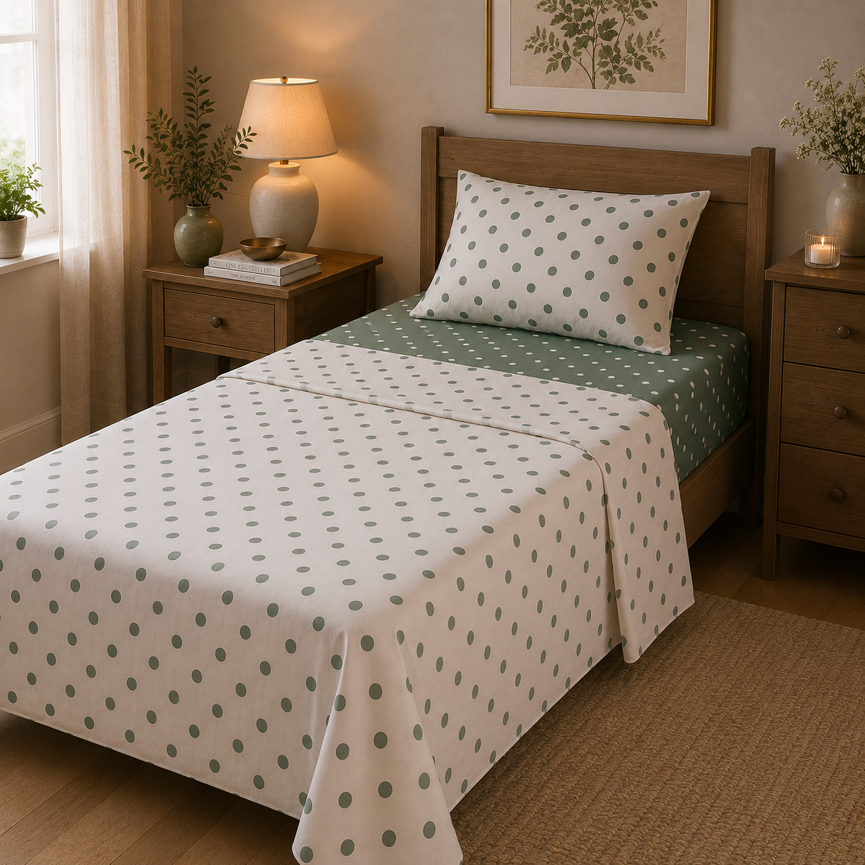 Completo Lenzuola Piazza e Mezza 100% Cotone Fantasia Pois – Verde o Rosa