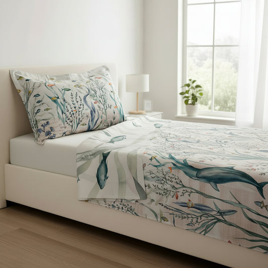 Completo Lenzuola Copriletto Matrimoniale Fantasia Marina “Oceano Vivo”