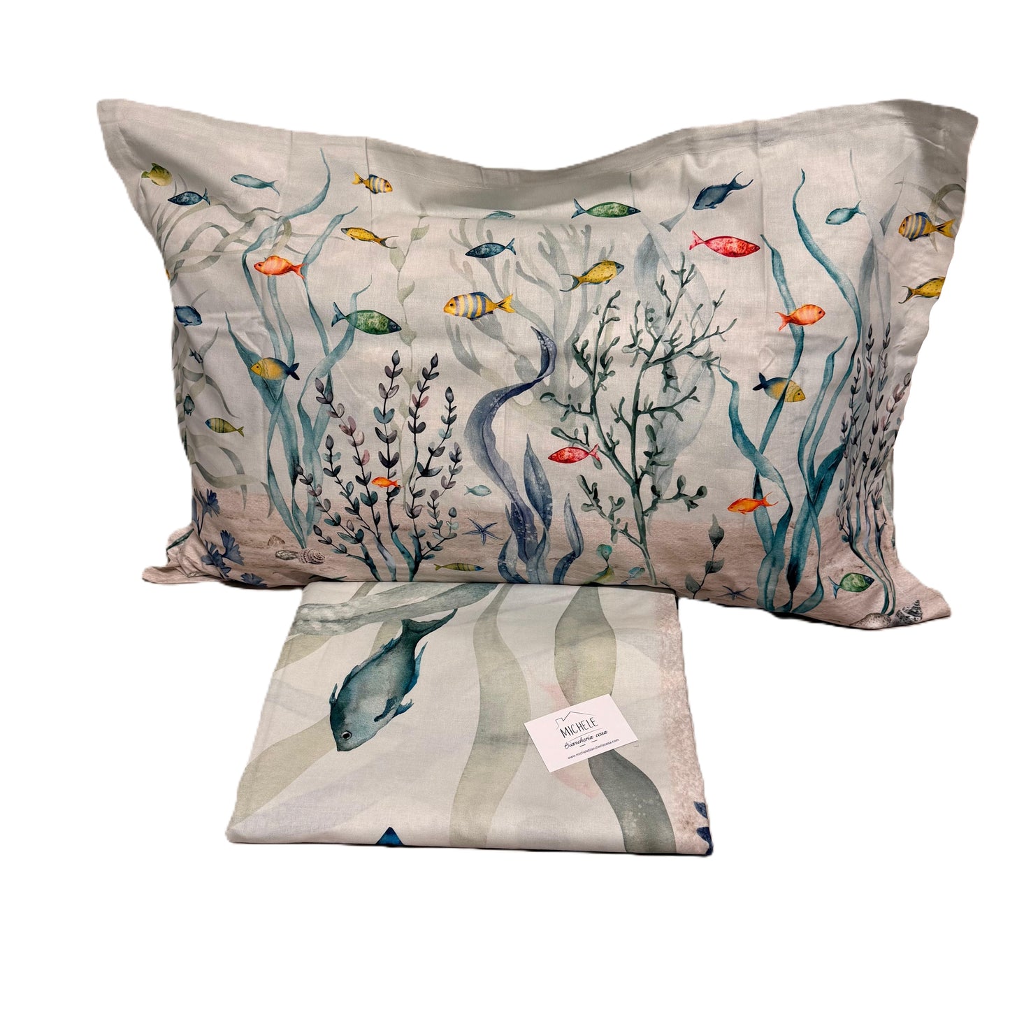 Completo Lenzuola Copriletto Matrimoniale Fantasia Marina “Oceano Vivo”