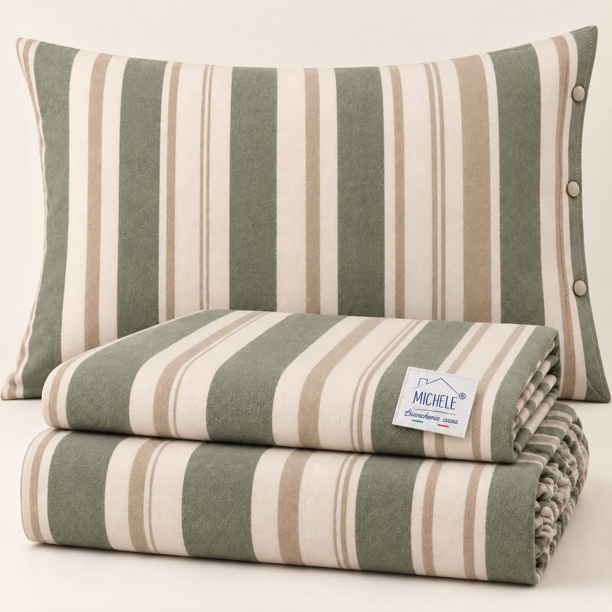 Completo Lenzuola Matrimoniale in Flanella di Cotone Made in Italy – Righe Salvia