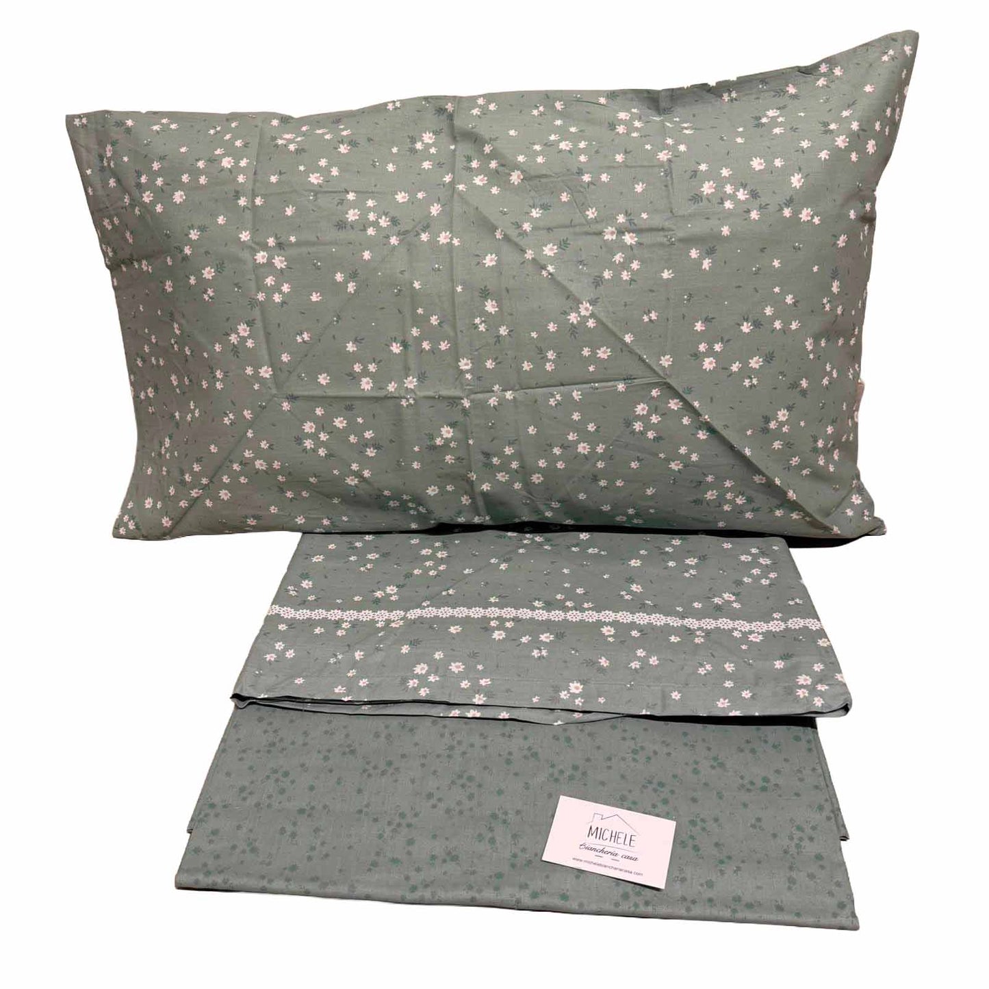 Completo Lenzuola Matrimoniale 100% Cotone Fantasia Prato Fiorito Verde Salvia – Made in Italy