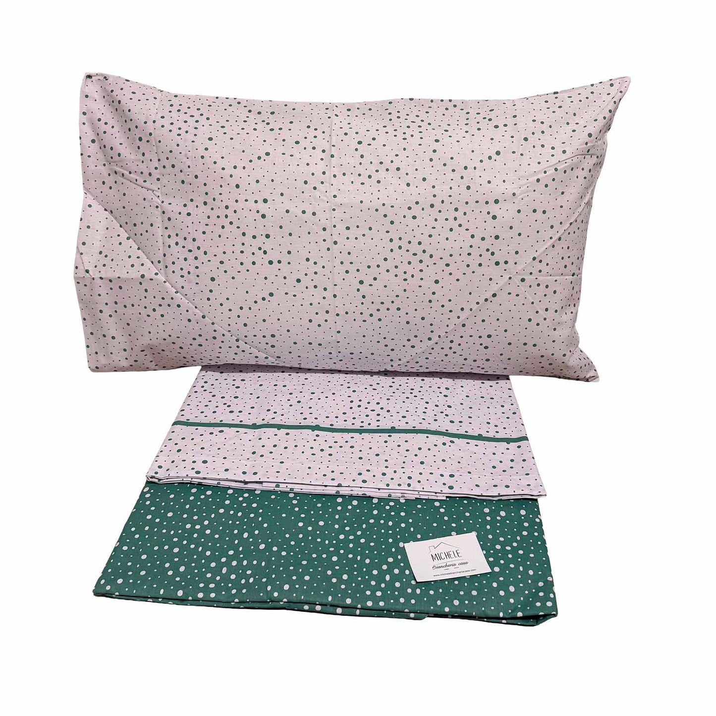 Completo Lenzuola Matrimoniale 100% Cotone Fantasia Pois Tortora o Verde – Made in Italy