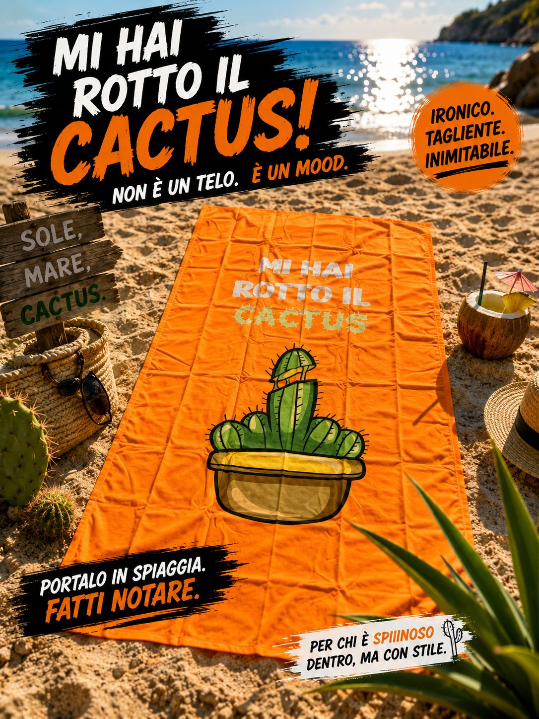 Telo Mare Microfibra "Mi Hai Rotto il Cactus" 90x170 cm – Leggero, Asciugatura Rapida e Salvaspazio