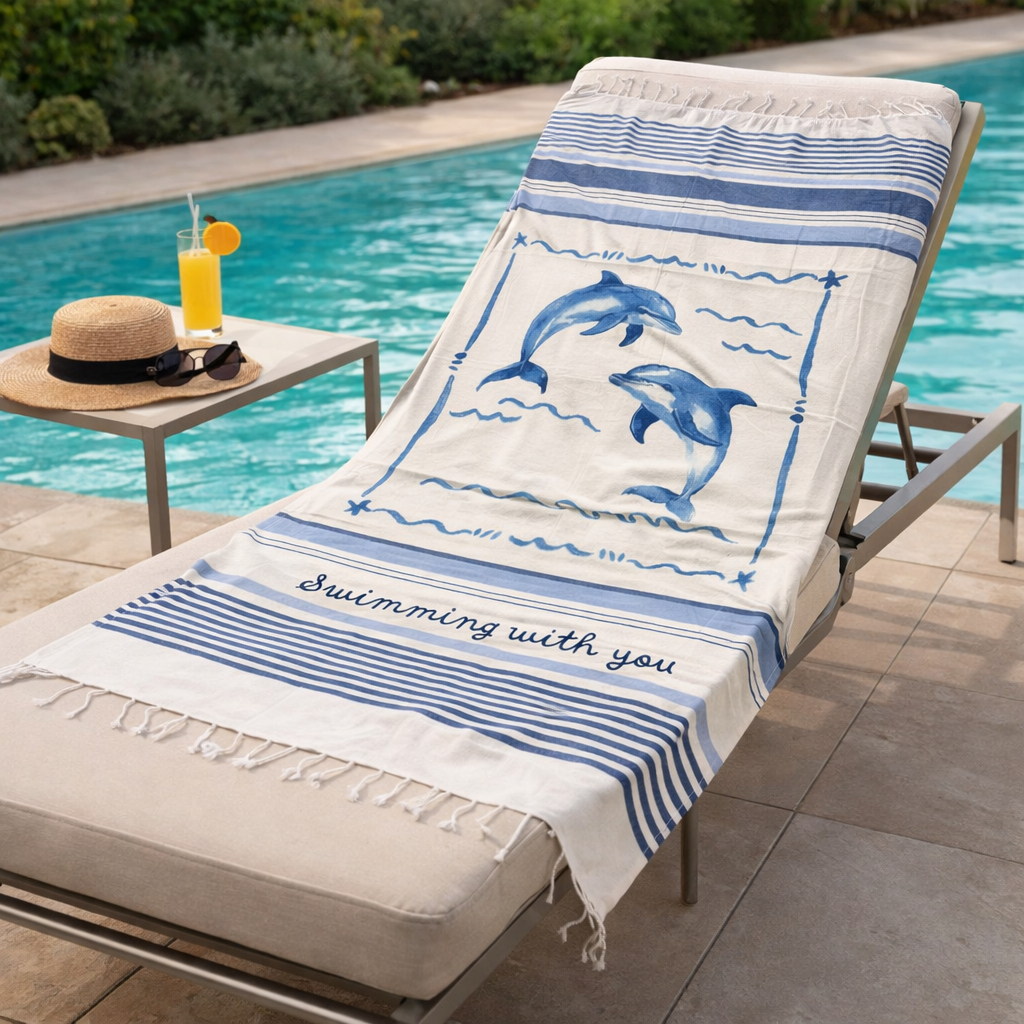 Telo Mare 100x200 cm in Cotone Fantasia Delfini con Frange - Fantasia Ocean Dolphins