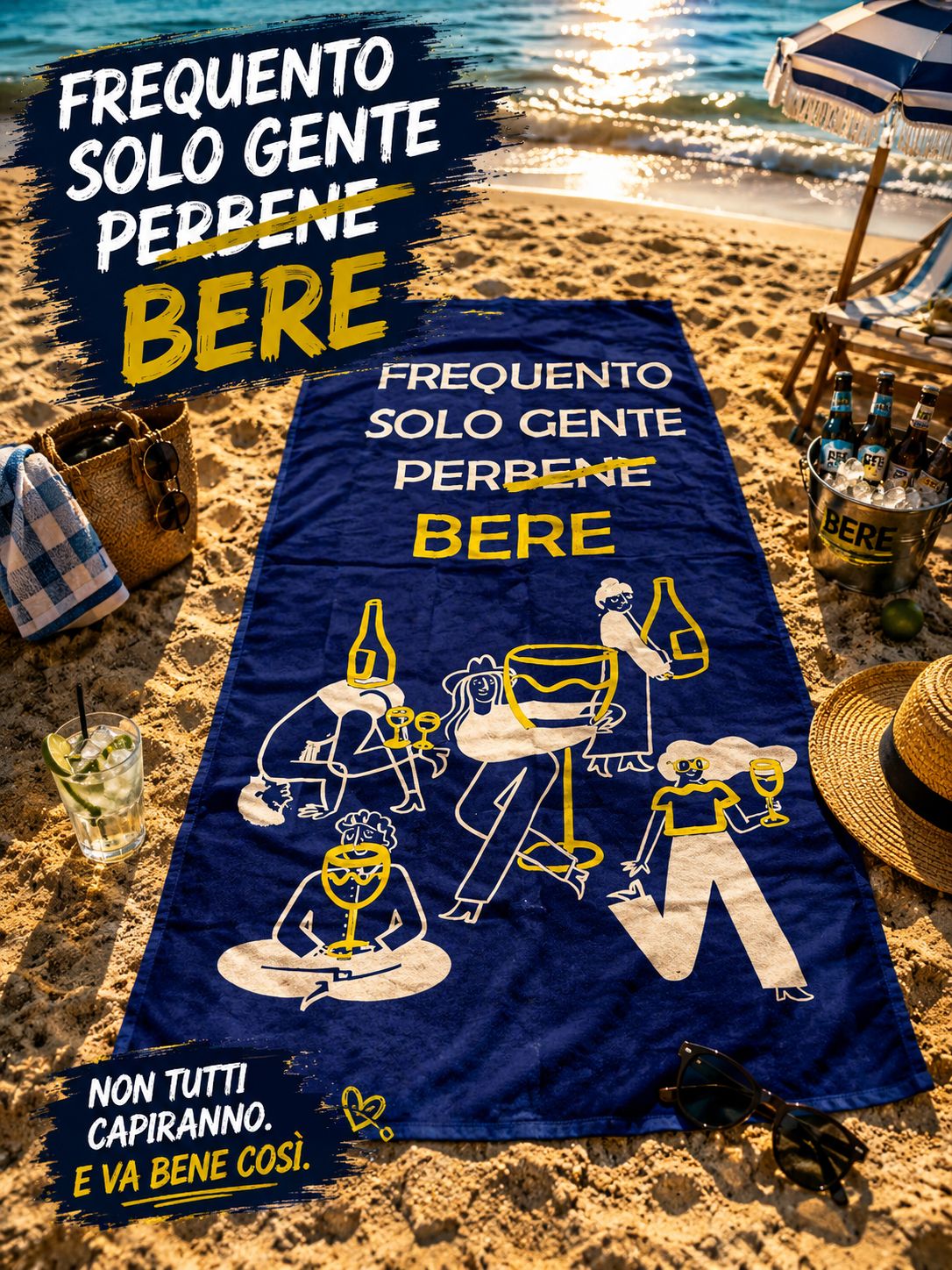 Telo Mare Microfibra "Frequento Solo Gente per Bere" 90x170 cm – Leggero, Asciugatura Rapida e Salvaspazio