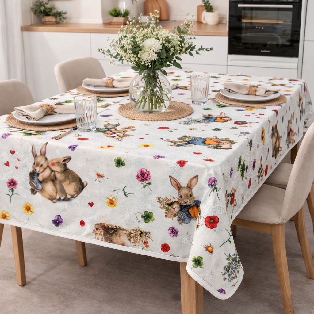 Tovaglia Antimacchia “Fiori e Coniglietti” – 6 Posti e 8/12 Posti Fantasia Primaverile