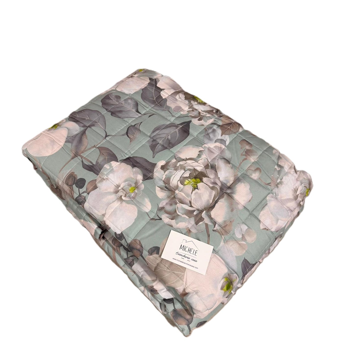 Trapuntino Matrimoniale con stampa digitale “Peonia Soft Green” 260x260 cm Double Face in Microfibra Effetto Seta
