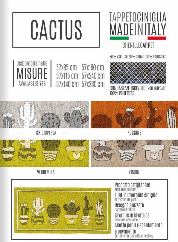 Tappeto in ciniglia con base antiscivolo serie Cactus per la camera, il bagno o il soggiorno
