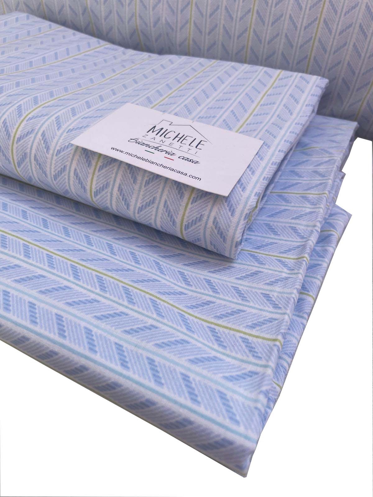 Completo lenzuola da una piazza e mezza "alla francese" in cotone modello Anastasia, colore azzurro e rosa