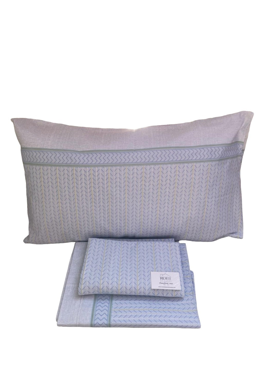 Completo lenzuola da una piazza e mezza "alla francese" in cotone modello Anastasia, colore azzurro e rosa