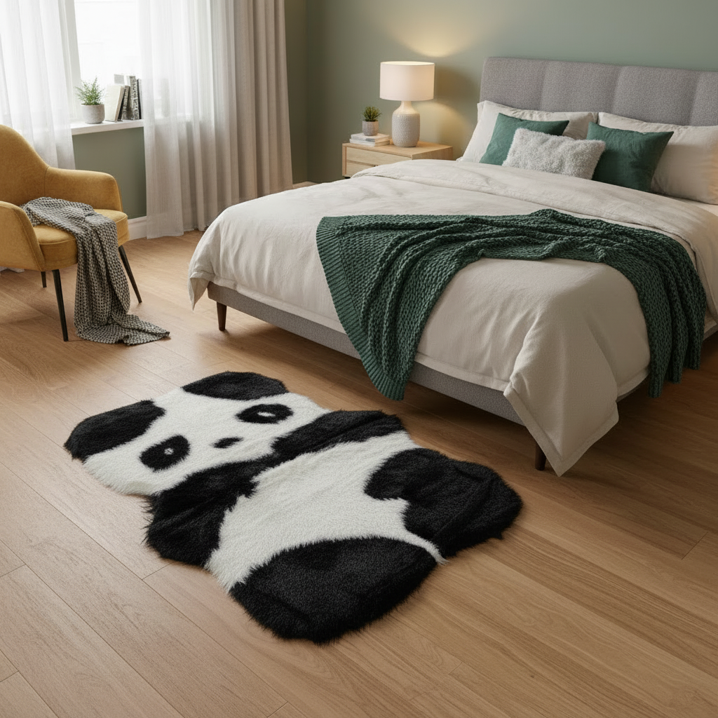 Tappeto in eco pelliccia a forma di panda, morbidissimo, dimensioni  80x90 cm