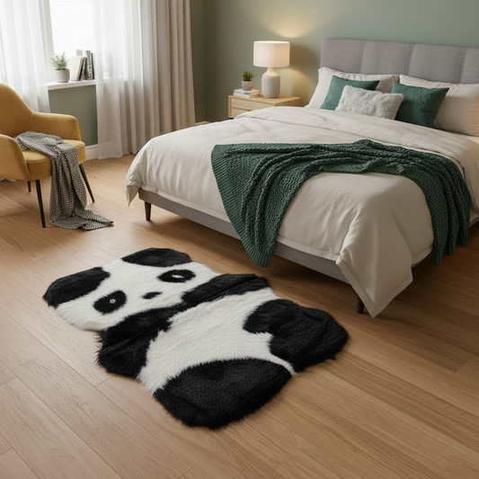 Tappeto in eco pelliccia a forma di panda, morbidissimo, dimensioni  80x90 cm