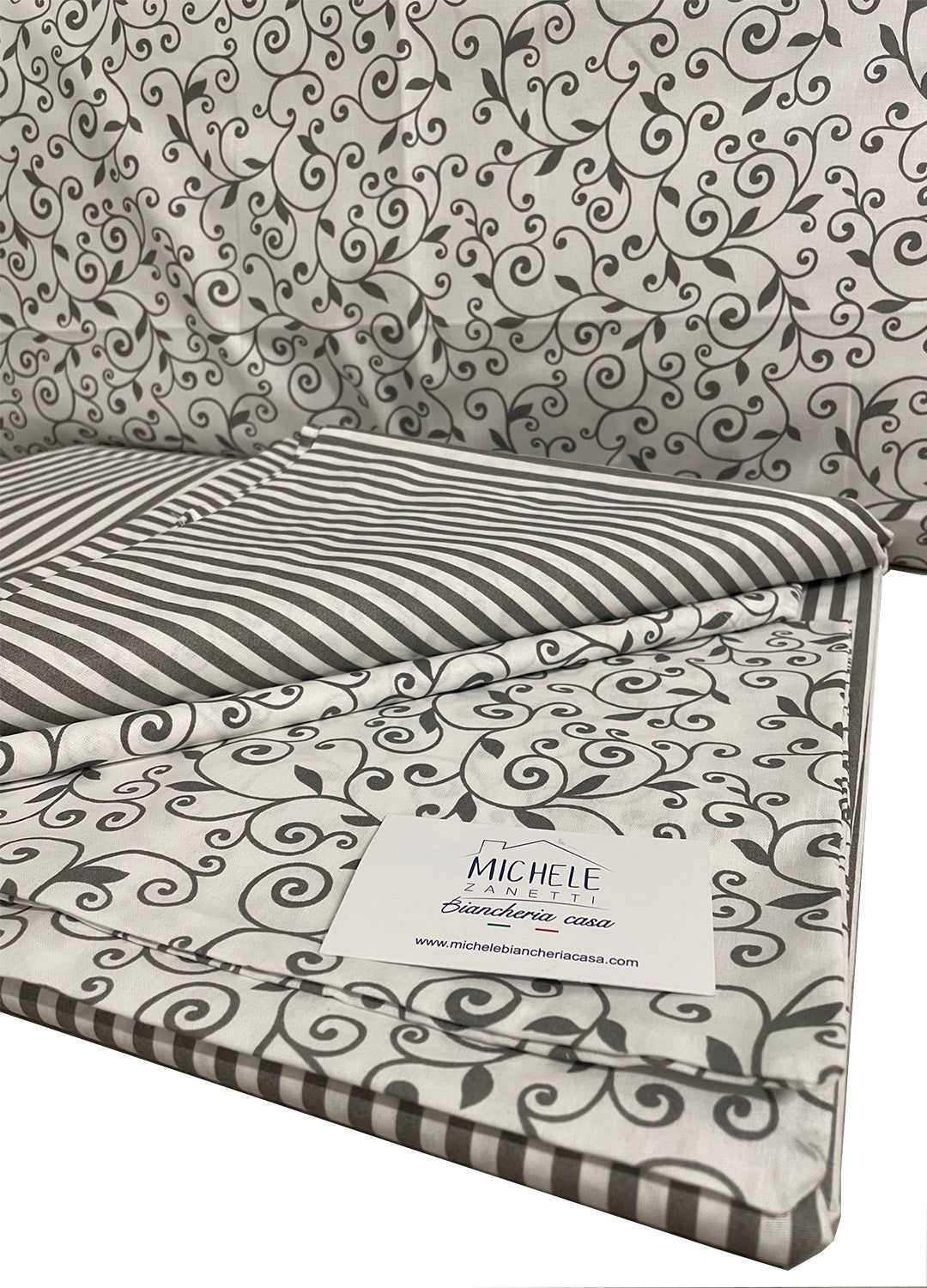 Completo letto Matrimoniale in cotone con fantasia serie Stefy, colore Beige o Grigio
