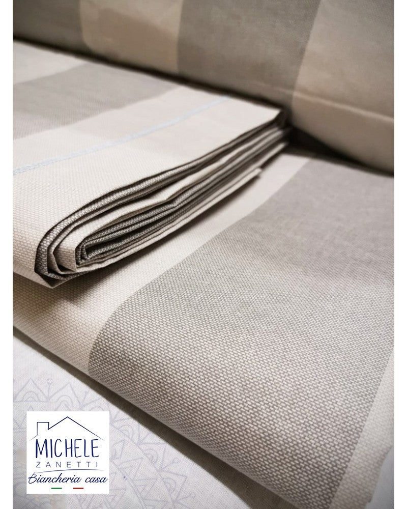 Completo lenzuola matrimoniali in cotone, fantasia modello Riga Larga, colore Talpa o Grigio