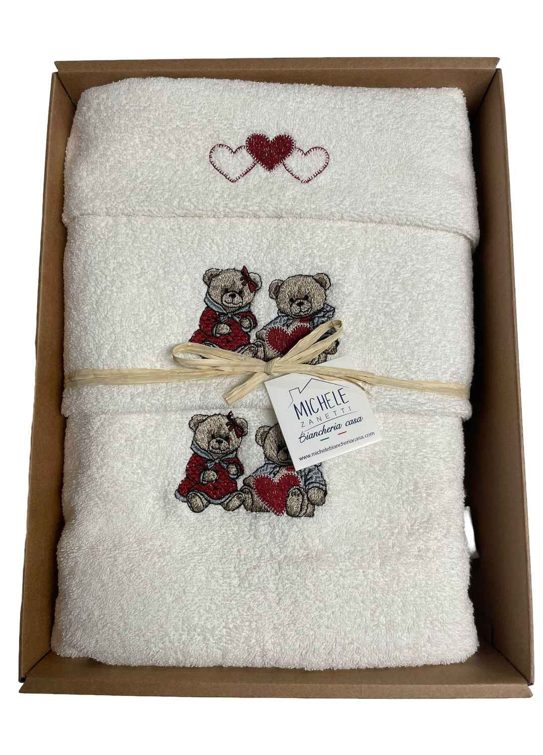 Completo telo doccia e asciugamani viso e ospite in spugna 500 gr, colore bianco, con orsetti ricamati