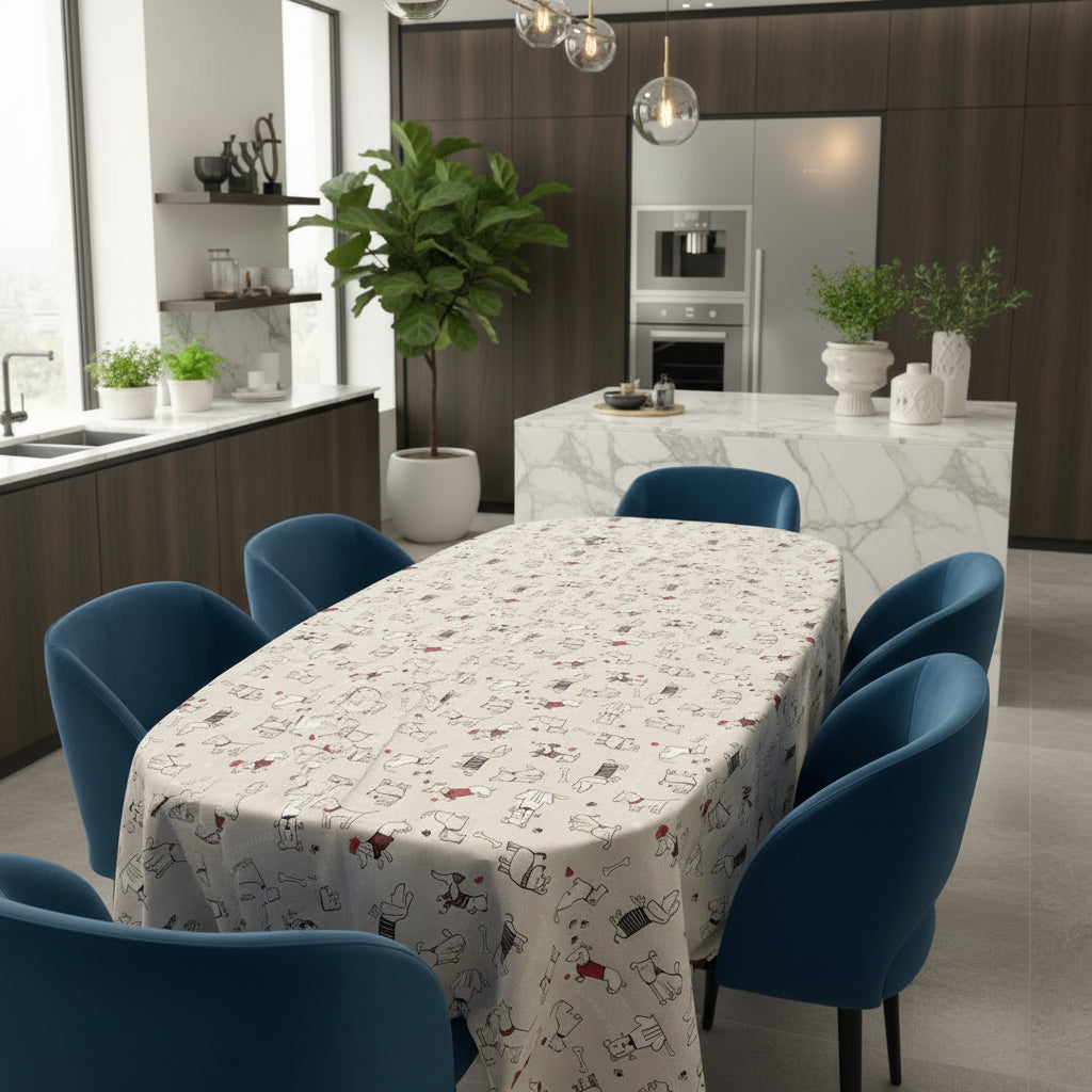 Tovaglia in misto cotone, fantasia con Cagnolini - Disponibile per 6 o 8-12 persone