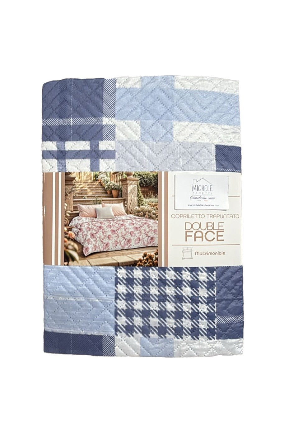 Trapuntino matrimoniale in morbida microfibra, fantasia a quadri tonalità blu