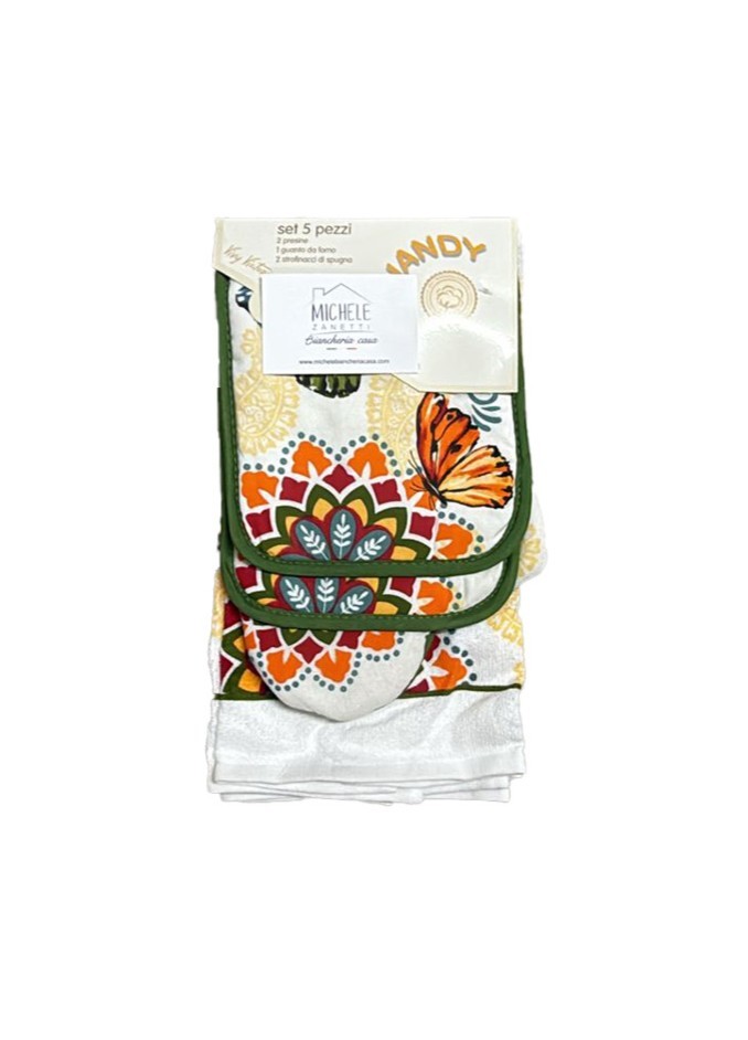 Set da cucina, 5 pezzi, 2 presine, 1 guantone da forno, e 2 strofinacci, fantasia con farfalle