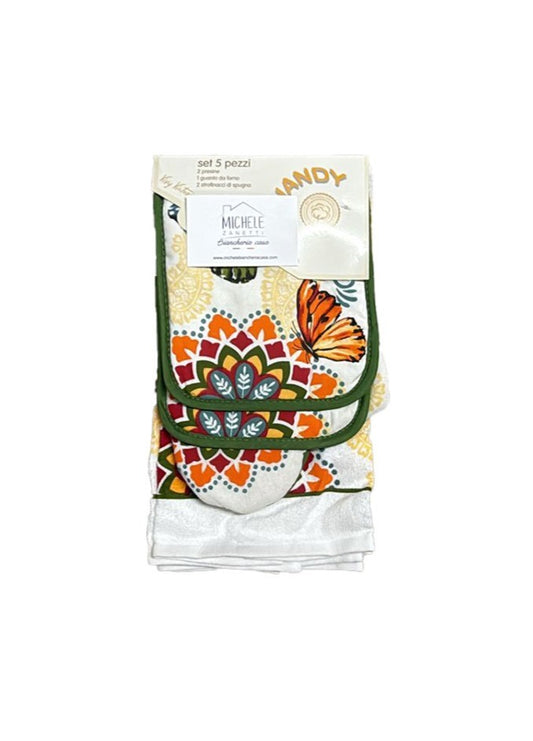 Set da cucina, 5 pezzi, 2 presine, 1 guantone da forno, e 2 strofinacci, fantasia con farfalle