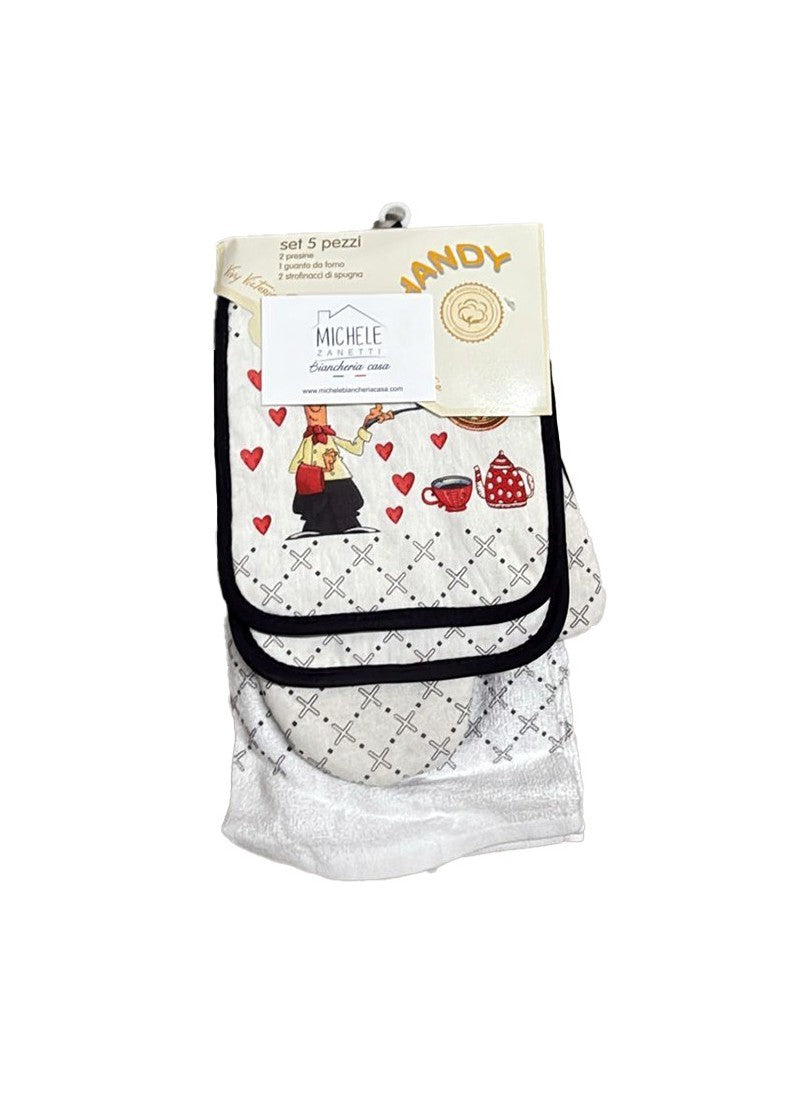 Set da cucina, 5 pezzi, 2 presine, 1 guantone da forno, e 2 strofinacci, fantasia Maggiordomo