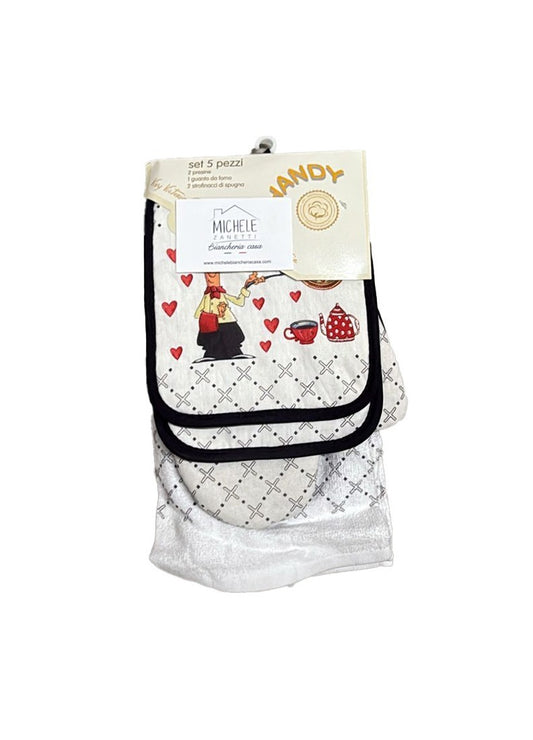 Set da cucina, 5 pezzi, 2 presine, 1 guantone da forno, e 2 strofinacci, fantasia Maggiordomo
