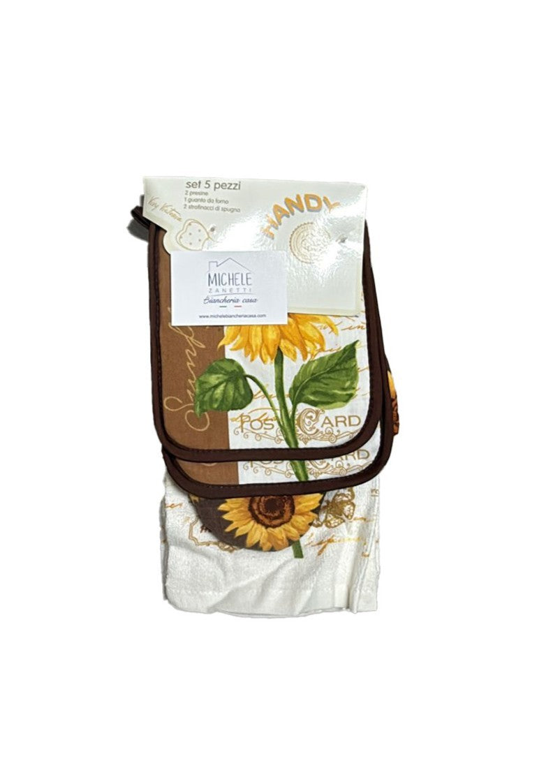 Set da cucina, 5 pezzi, 2 presine, 1 guantone da forno, e 2 strofinacci, fantasia con Girasoli