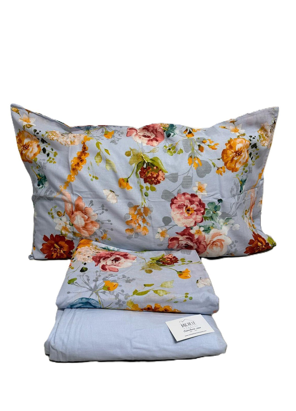 Completo Lenzuola Matrimoniale in cotone, fantasia Floreale su sfondo azzurro, prodotto italiano