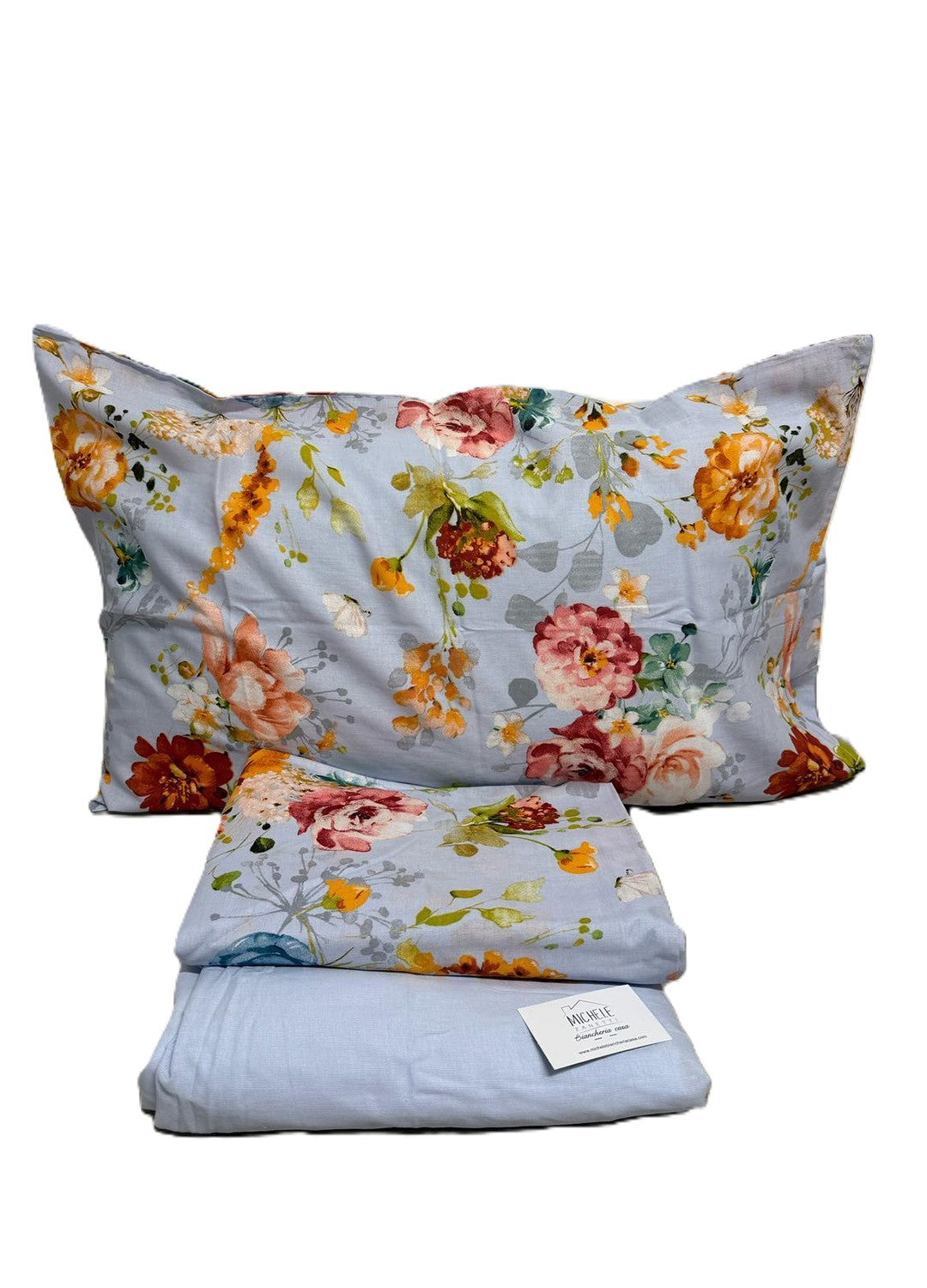 Completo Lenzuola Matrimoniale in cotone, fantasia Floreale su sfondo azzurro, prodotto italiano