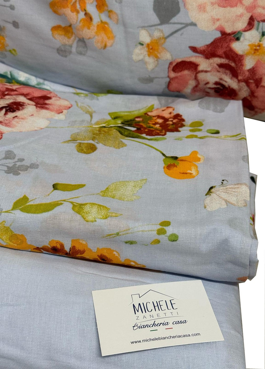 Completo Lenzuola Matrimoniale in cotone, fantasia Floreale su sfondo azzurro, prodotto italiano