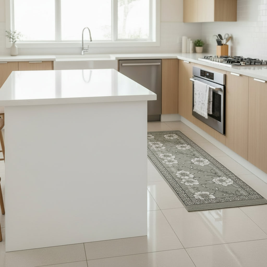 Tappeto in ciniglia con base antiscivolo serie Elisir, colore salvia, ottanio e grigio, disponibile in varie misure