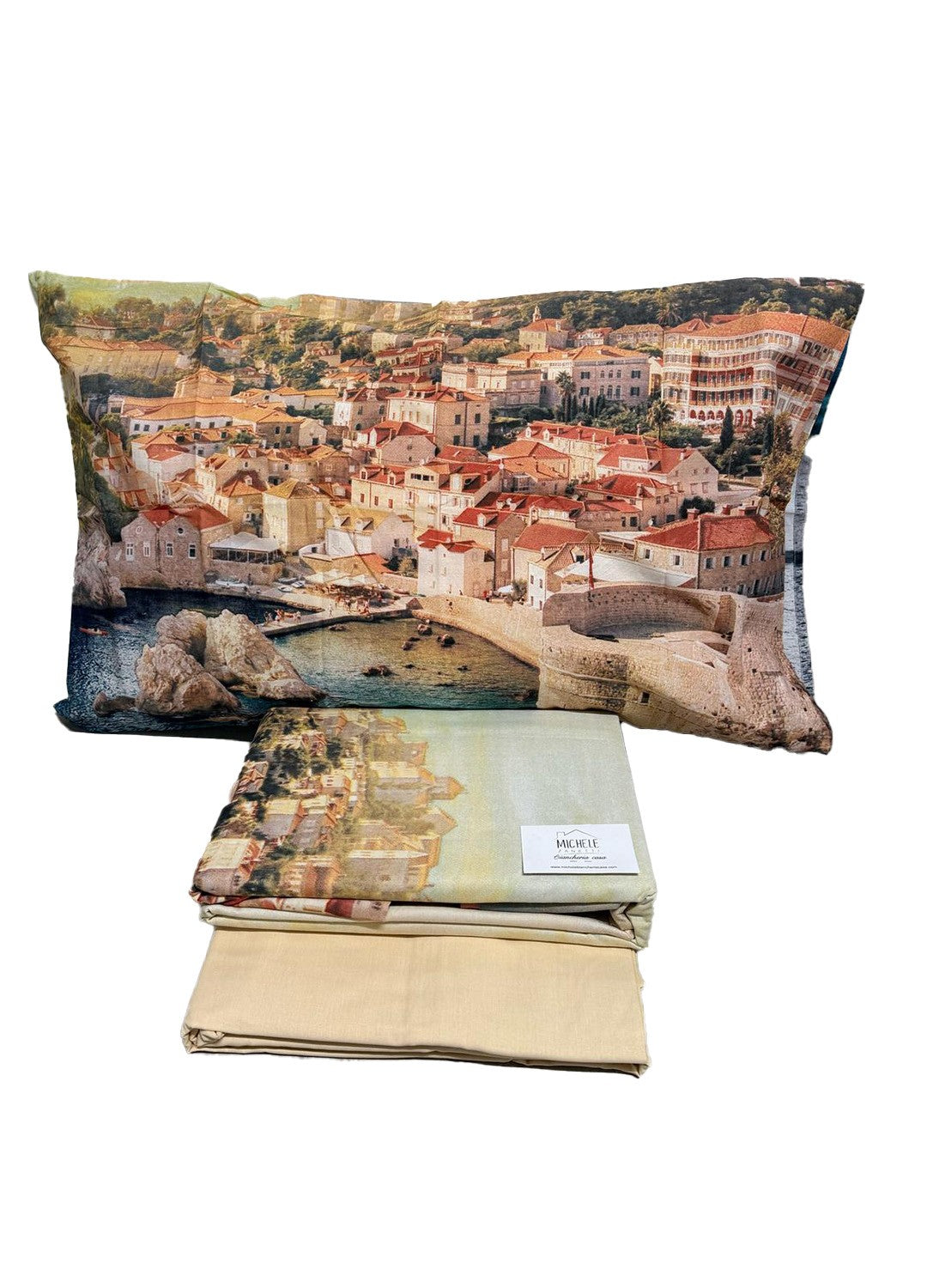 Completo Letto Matrimoniale Fantasia Città Costiera – Puro Cotone e Stampa Digitale
