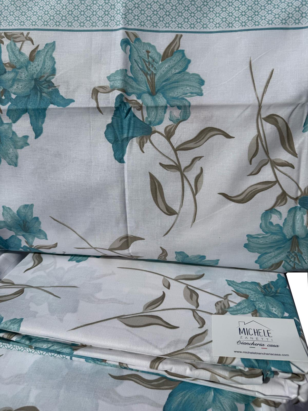 Completo Lenzuola Matrimoniale in cotone fantasia Lilium, prodotto italiano