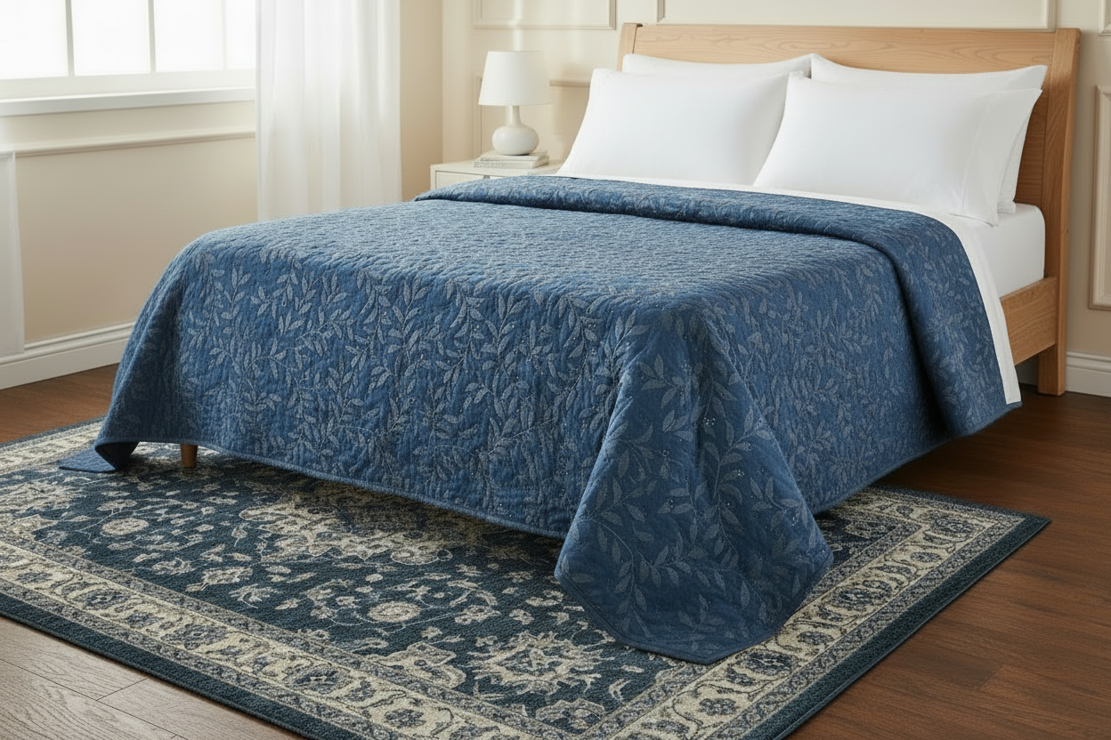 Trapuntino Matrimoniale Fogliolina in Morbido Velluto, colore blu – 260x260 cm