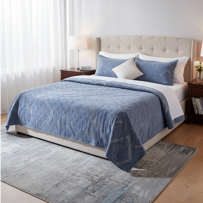 Trapuntino Matrimoniale Fantasia Rombi in Morbido Velluto, colore blu – 260x260 cm