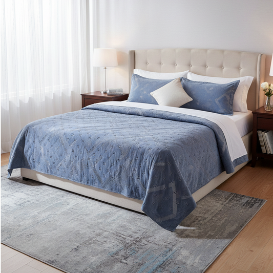 Trapuntino Matrimoniale Fantasia Rombi in Morbido Velluto, colore blu – 260x260 cm
