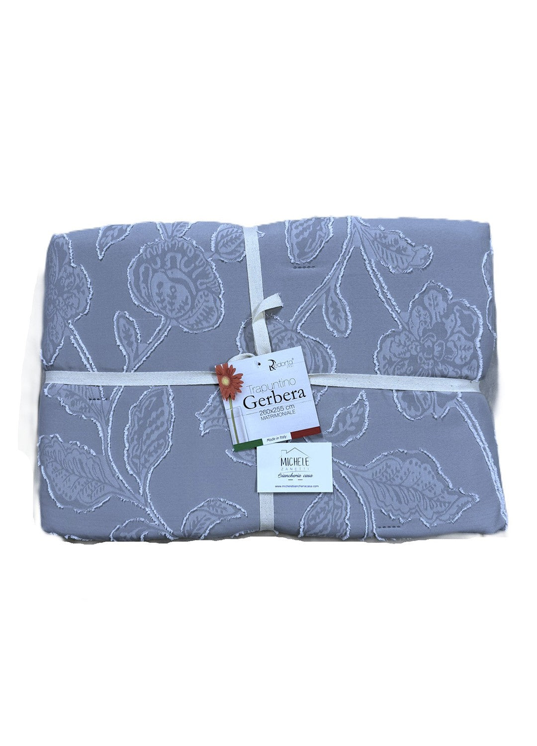 Trapuntino Gerbere in Jacquard Fil Coupè, colore Grigio, con trapuntatura sonic e bordo cucito – 255x260 cm