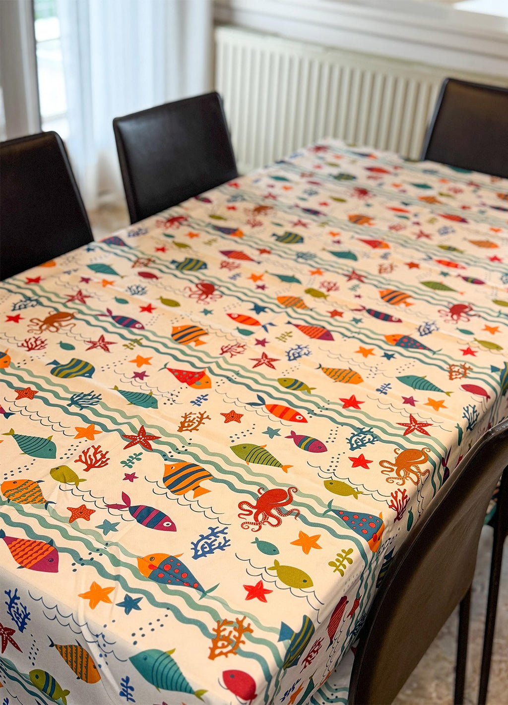 Tovaglia antimacchia fantasia Mare, da 6 o 8/12 persone