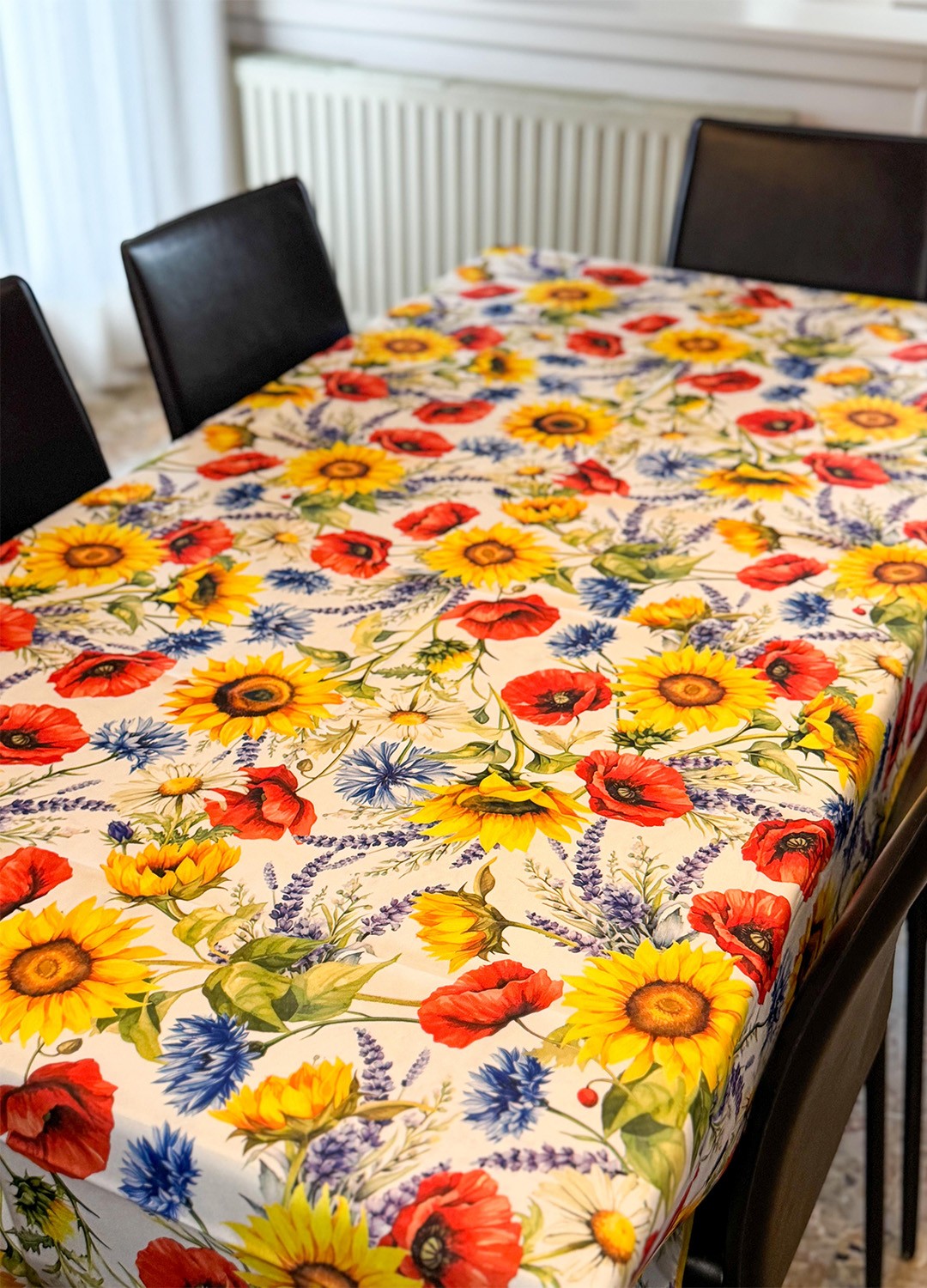 Tovaglia antimacchia fantasia Papaveri e Girasoli, da 6 o 8/12 persone