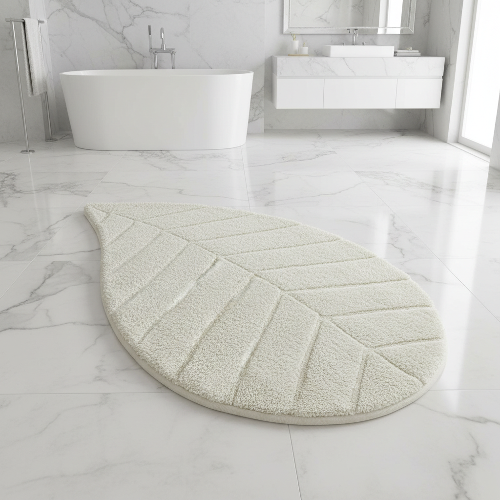 Tappeto Bagno Foglia 50x80 cm, colore bianco – 100% Cotone con Antiscivolo