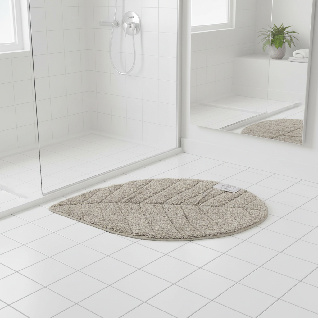 Tappeto Bagno Foglia 50x80 cm, colore beige – 100% Cotone con Antiscivolo