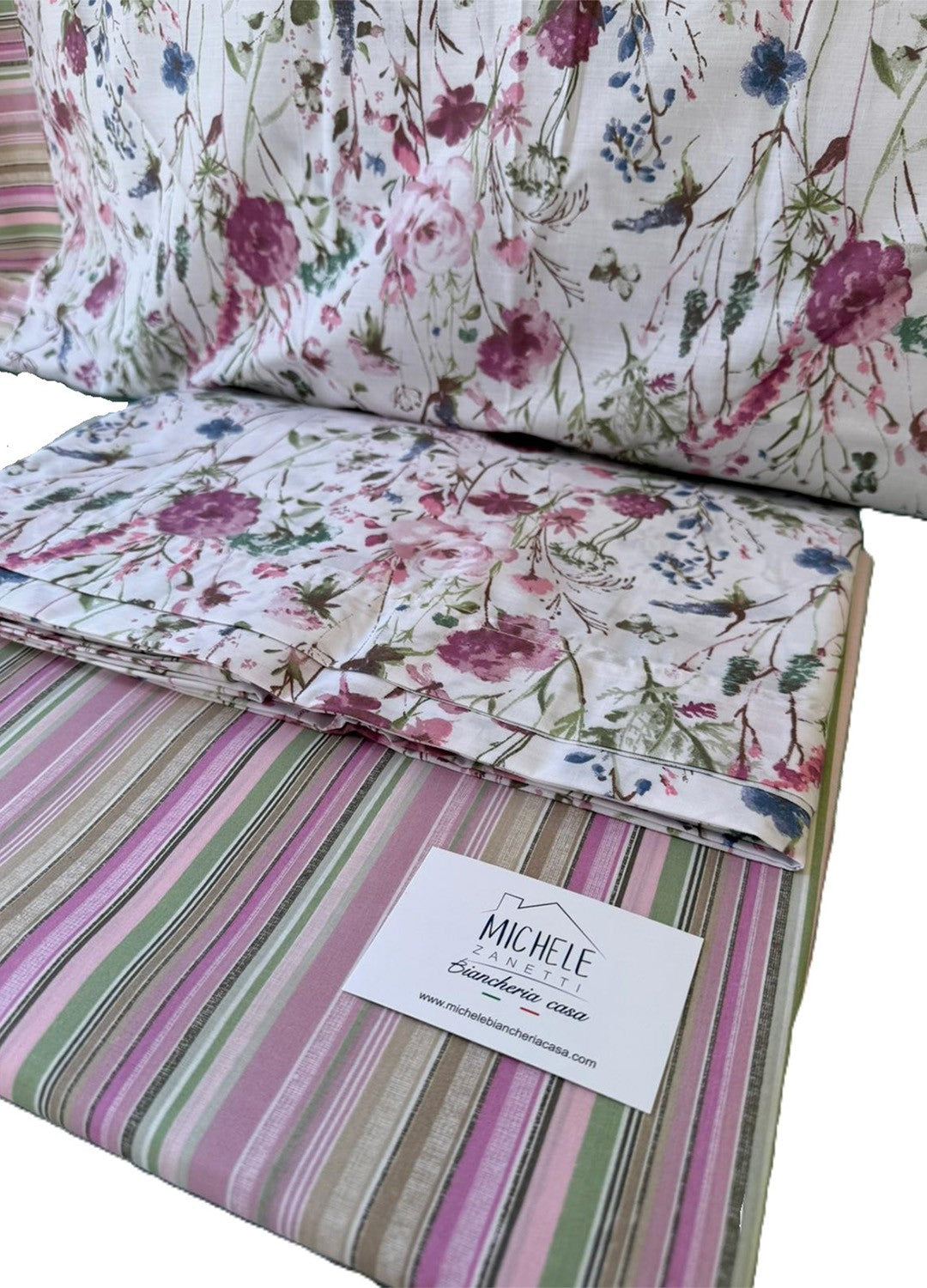 Completo matrimoniale 100% cotone percalle, detto anche a pelle d'uovo, fantasia Fiori di Campo